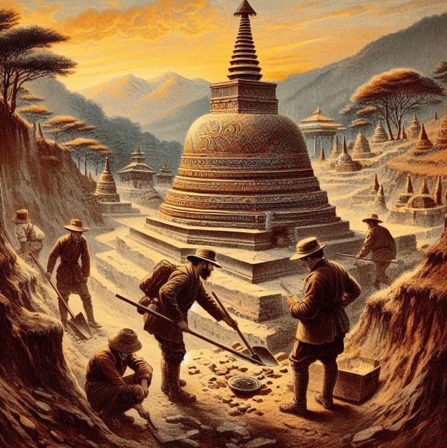 19th century Western archaeologist digging a Stupa, no odd hats, one or two archaeologists.png