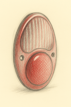 a clean sketch of a 1930s-style red taillight glass only, with two holes through the glass, no frame or mounting hardware, showing the glass texture and curvature, drawn in ink and colored pencil style