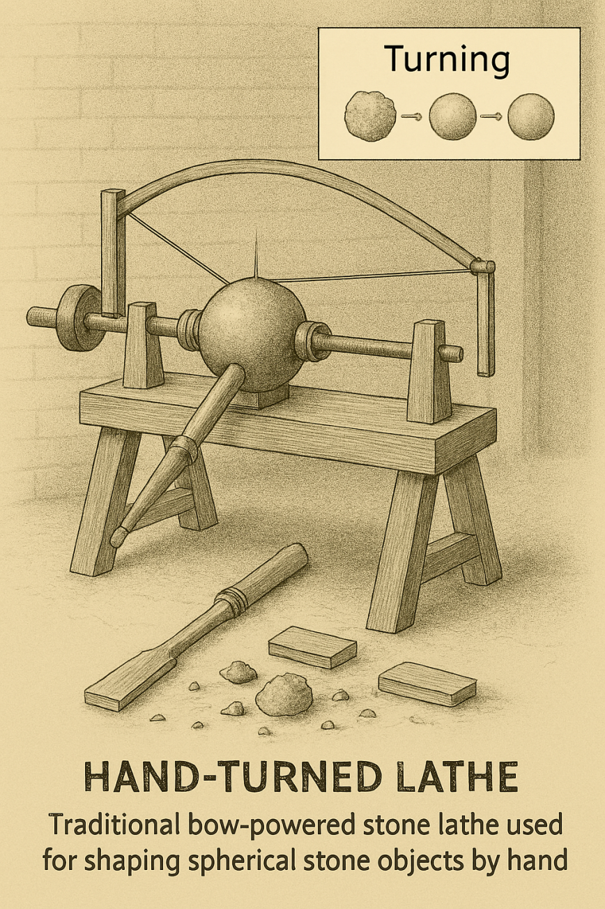 Create a sepia-toned technical sketch of a traditional bow-powered stone lathe used for shaping spherical stone objects by hand. The lathe should include a wooden bench with angled legs, a mounted spherical stone blank held between two vertical supports, a curved bow above the stone, and a hand crank on one side. An abrasive tool should be shown contacting the stone blank, and flat rectangular offcuts scattered on the ground beneath. In the upper right corner, include an inset labeled 'Turning' that shows three stages of the stone blank: rough, partially smoothed, and fully spherical. Beneath the main image, include a caption that reads: 'Traditional bow-powered stone lathe used for shaping spherical stone objects by hand.' No other labels on the image.