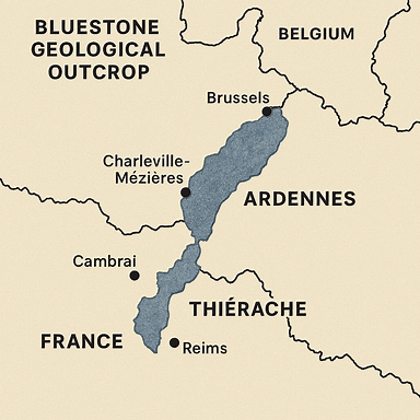 simple sketch map showing blue-stone geological outcrop across Ardennes and Thiérache region in France and Belgium