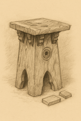 Sketch a rustic French stool from the 1700s suitable for a stoneworker's workshop. The stool should be made of thick, weathered wood with a square top and sturdy tapered legs. Include simple joinery and signs of wear from heavy use. The design should be practical and robust, not decorative, with a slightly uneven surface and tool marks. Place it in a workshop setting with stone debris nearby. Use a muted sepia tone and pencil-style shading. Add a small caption beneath the image: 'French stoneworker's stool, circa 1700s.'