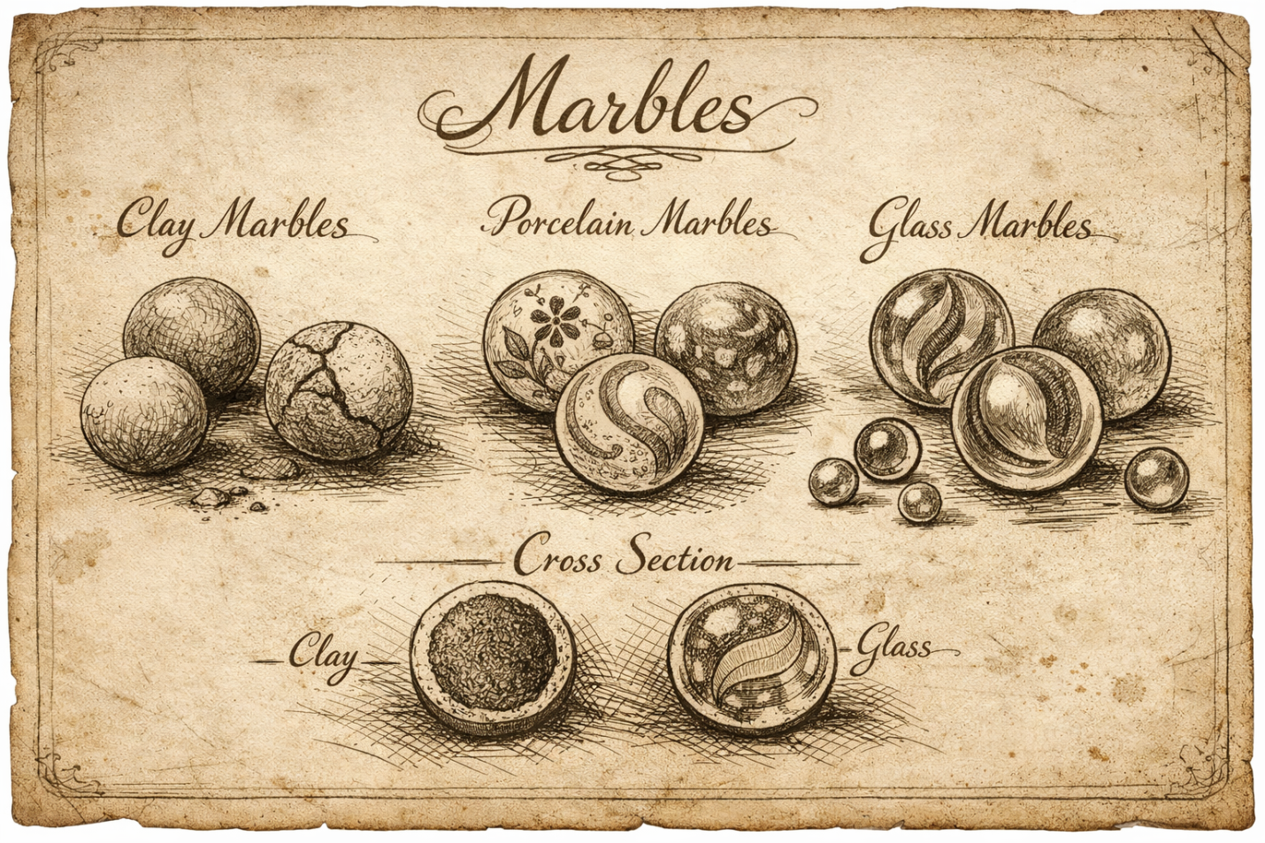 antique-style sketch of clay porcelain and glass marbles