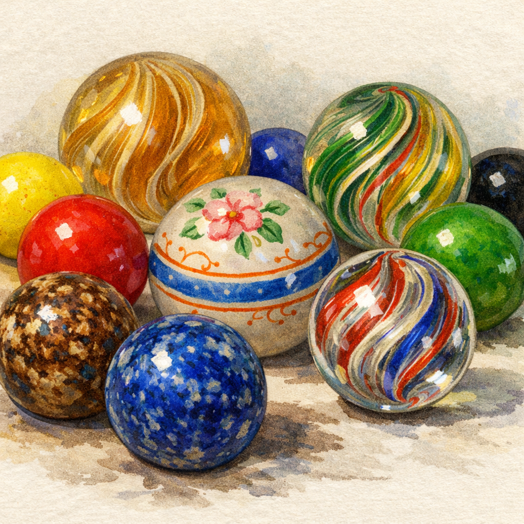 Bennington marbles in blue and brown alongside German glass swirls, solid-color glass marbles, and a decorated China marble