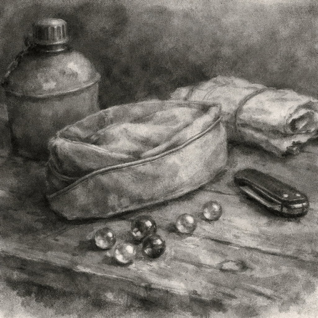 WWII enlisted overseas cap on wooden table with scattered glass marbles, canteen, pocket knife, folded map, charcoal wash sketch, soft edges, slightly blurred